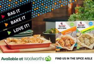 Nando's chicken in tray with bag and bake packets.