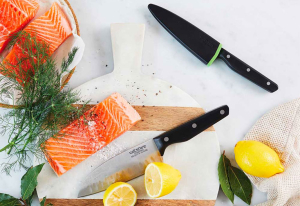 Wiltshire StaySharp Duo Set in kitchen with salmon.