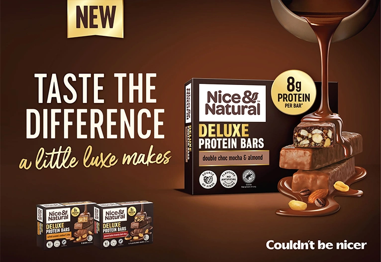 Nice & Natural Deluxe Protein Bars in Double Choc, Mocha and Almond flavour.